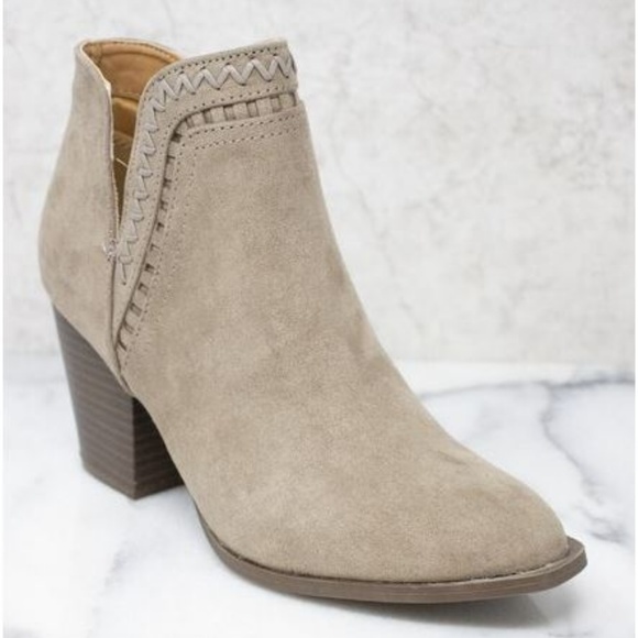 Ankle Heel Taupe Suede Booties with Braided stitch - Picture 4 of 8